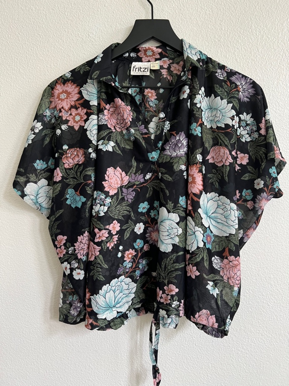 FRITZI Vintage Blouse Top Semi Sheer Collared Adjustable Waist Black Floral L